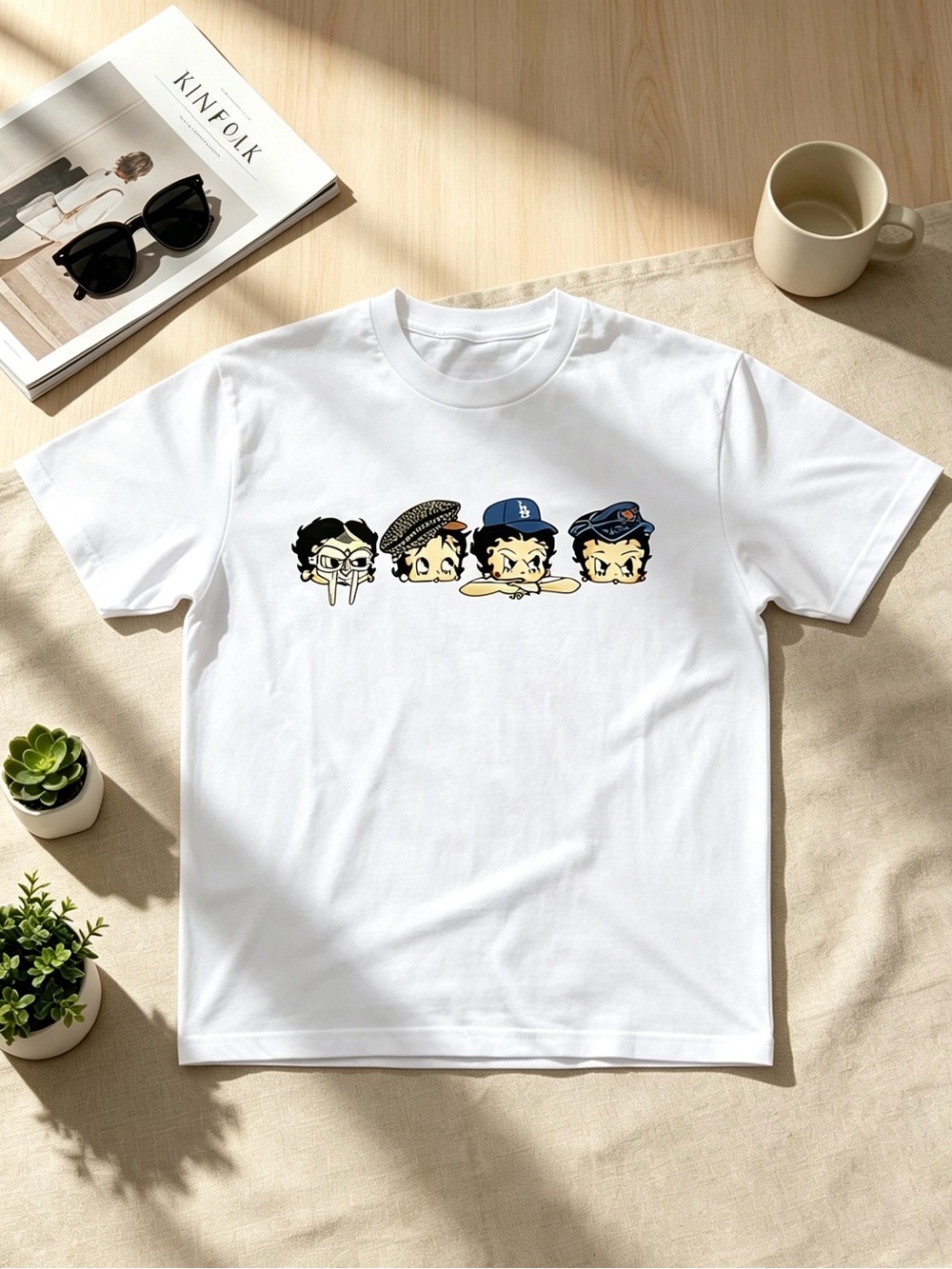Men's White Short-Sleeve Graphic Tee with Cartoon Character Row